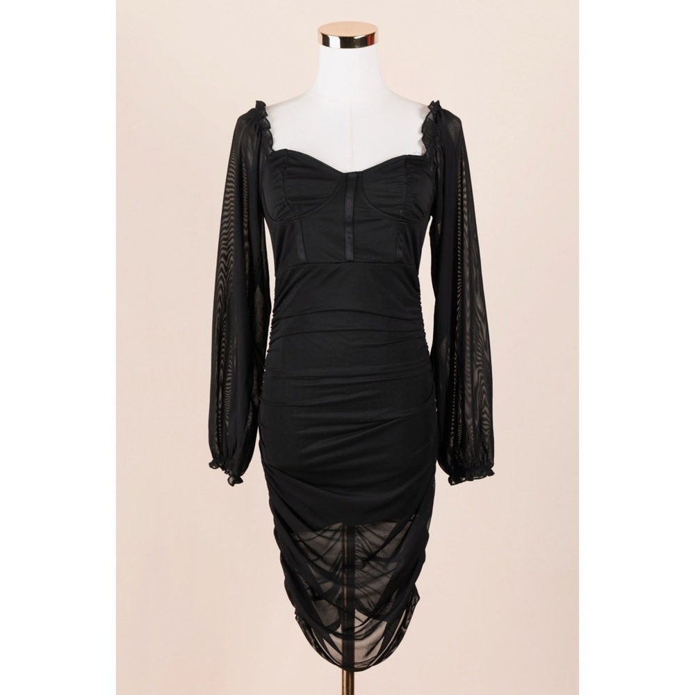 Sz M Almost Famous Mesh Ruched Sleeve Bustier Bodycon Dress In Black GUC